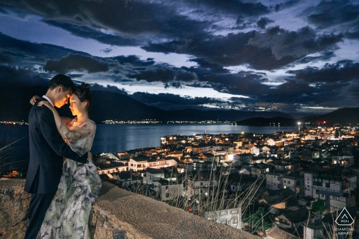 Dali, Yunnan, China Engagement Shoot - On the road of Dali, the night view of the town and the couple 