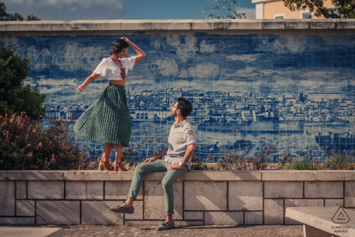 Dancing in Lisbon during outdoor engagement shoot