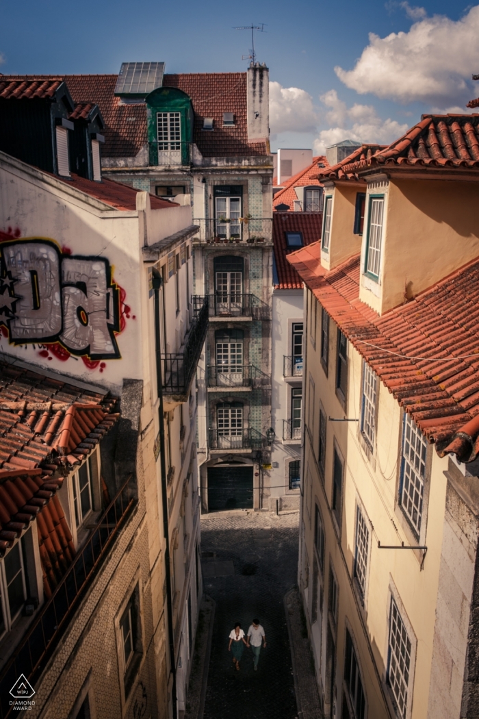 Lisbon Alfama district for overhead engagement portrait