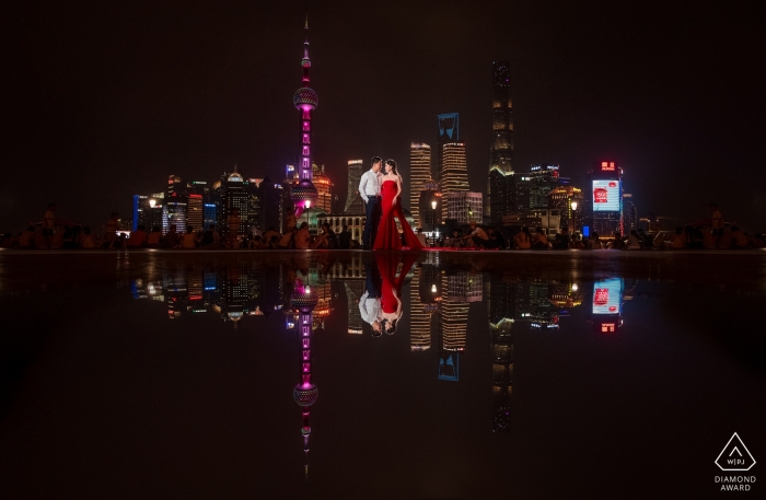 Shanghai City Reflections during Engagement Shoot with a Couple at Night