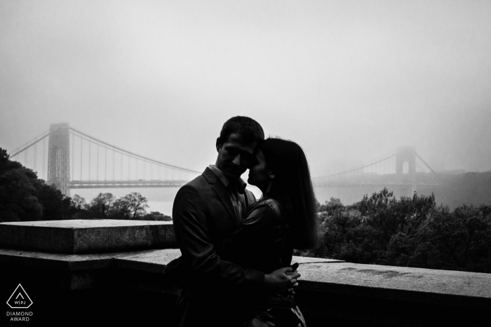 Fort Tyron Park, New York City engagement session with a foggy George Washington bridge 