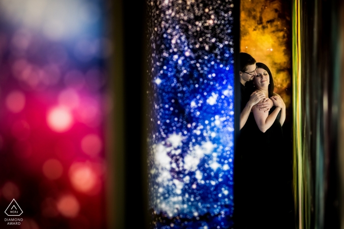 Engagement shoot with a couple using color layers at Hvězdárna a Planetárium Brno