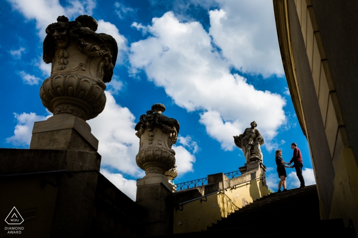 Photo by: <a href="https://www.wpja.com/photos/diamond-award-top-wedding-engagement-photographer/2545979">Matouš Bárta - Prague Vrtba Garden staircase portrait session with newly engaged couple.