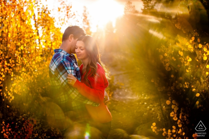 Breckenridge, CO Session de portrait de couple engagé | Le soleil brille à travers un mélange de feuilles de tremble doré et de feuillage automnal au sommet du sentier Gold Hill.