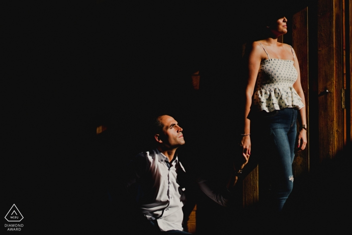 Engagement Photos from Zamora - Portrait contains: harsh light, shadows, sunlight, posing, hands, love, couple