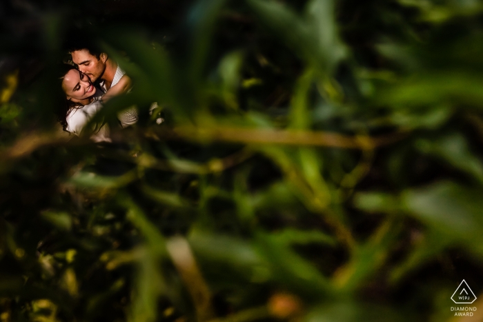 Engagement Portrait from Davis - CA Image contains: afternoon, couple, portraits, green, trees, hug