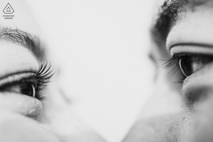 Engagement Photographer for Fujian - Portrait contains: tight, detail, black, white, eyes, eyelashes, couple