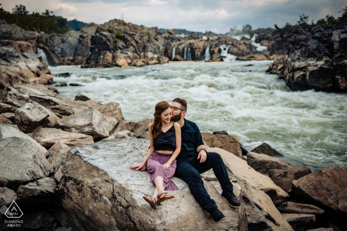 Engagement Portrait from Great Falls National Park - Image contains: couple, rocks, river, rapids