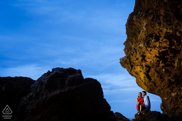 Engagement Photos from Alicante - Portrait contains: rock, couple, evening