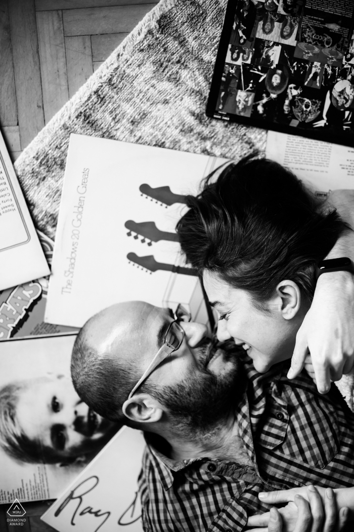 Engagement Photography for Istanbul, Turkey - music lovers embraced in black and white