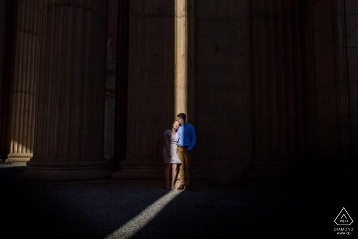 Photo by: <a href="https://www.wpja.com/photos/diamond-award-top-wedding-engagement-photographer/2551951">Chris Shum - Sunnyvale California Engagement Photos from California - San Francisco - Portrait contains: couple, shaft, light, shadows
