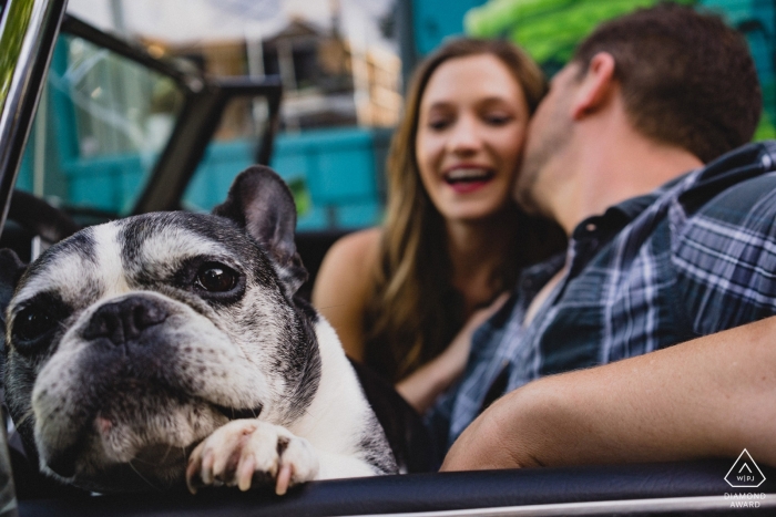 Starkville, MS Fotógrafo de noivado: Olhe para mim! Retratos de casal em um conversível com um cachorro