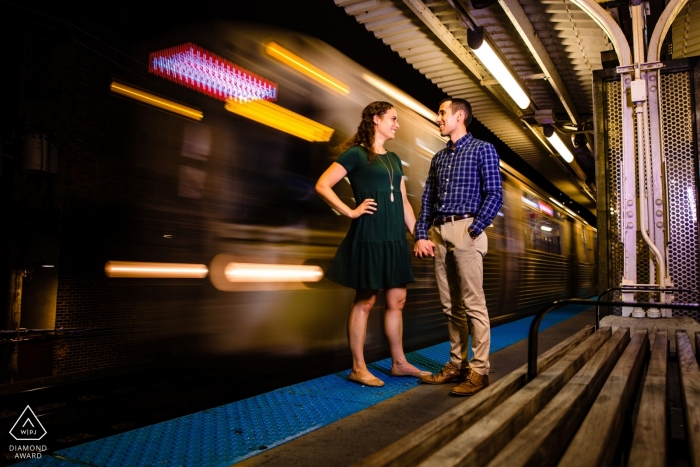 Photo by: <a href="https://www.wpja.com/photos/diamond-award-top-wedding-engagement-photographer/2553449">Tamara Gavrilovic - Chicago Illinois Red Line, Chicago Metro station Engagement portrait session with slow-shutter