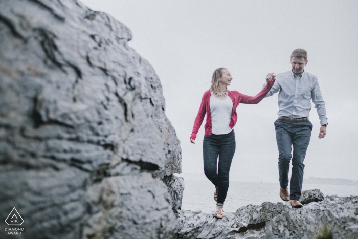 Rainy Portland, ME Engagement - On the rocks at the beach