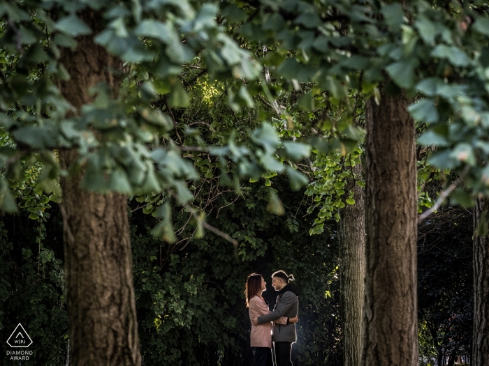 Milano, Italy engagement photo of a couple in the tall trees Milano, Italy engagement photo of a couple in the tall trees