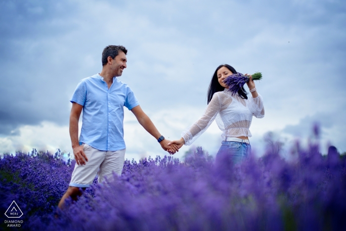 London, UK lavender field engagement photography session in purple