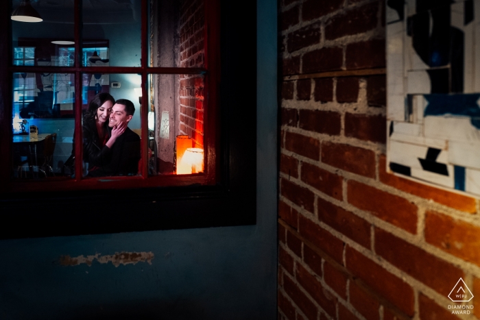 Blue Plate Restaurant, Edmonton, AB, Canada — Having a good time during an engagement photo session.