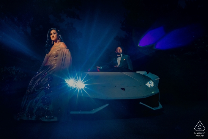 Photo by: <a href="https://www.wpja.com/photos/diamond-award-top-wedding-engagement-photographer/2558375">Sunny Mathur - Derwood Maryland Princeton, NJ Engagement Portaits — Late Night Ride for Formal Dressed Couple