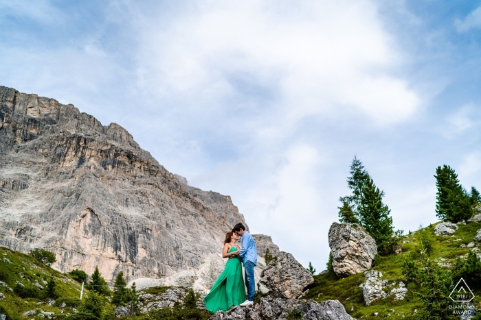 Photo by: <a href="https://www.wpja.com/photos/diamond-award-top-wedding-engagement-photographer/2558455">Lisa Pacor - Trieste Trieste Dolomites, Italy Engagement portraits with a couple in the mountains