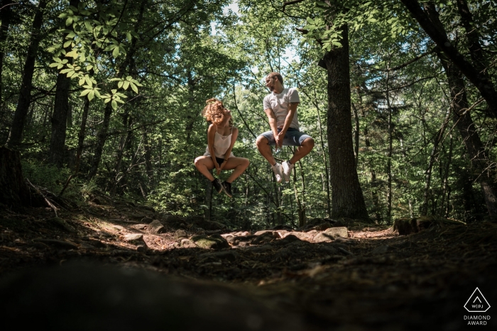 Alsace, France Couple Portrait Session in the Trees as Hikers on a trail, Jump Alsace, France Couple Portrait Session in the Trees - Hikers on a trail, Jump !