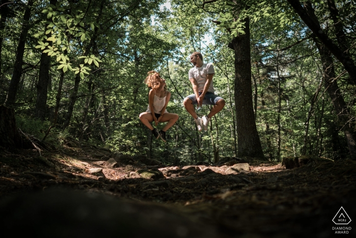 Alsace, France Couple Portrait Session in the Trees - Hikers on a trail, Jump ! 