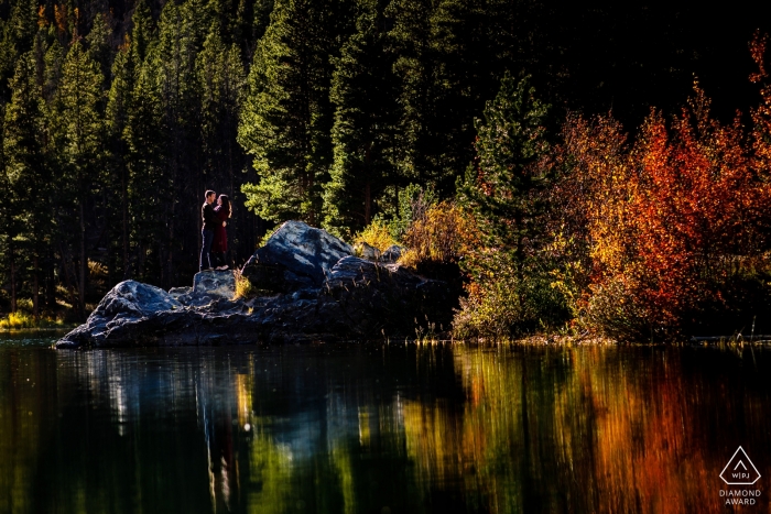 Photo by: <a href="https://www.wpja.com/photos/diamond-award-top-wedding-engagement-photographer/2559318">Stacy Gillespie - Silverthorne Colorado Frisco, Colorado Fall reflection engagement portraits on the lake