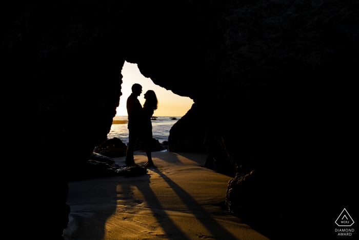 El Matador Beach in Malibu, CA - Engaged couples silhouette portrait 