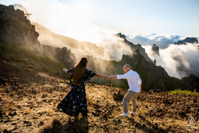 Pico do Areeiro, MAdeira Island, Portugal pre wedding session | Future groom telling his bride to come and explore 