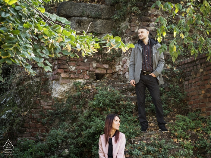 Milano, Italy creative posed portrait of engaged couple