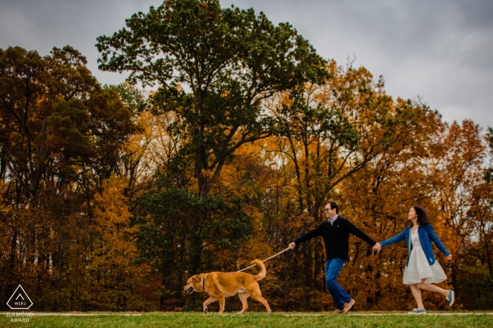 Photo de: <a href="https://www.wpja.com/photos/diamond-award-top-wedding-engagement-photographer/2565378"> Kathleen Ricker - Linthicum Heights Maryland Columbia, Maryland, séance de fiançailles en promenant son chien | Qui dirige qui?
