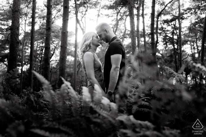 Chicksands Wood, UK Engagement Portrait Session - L'image contient: visage, face, l'un, l'autre, arbres, lumière du soleil, fougères