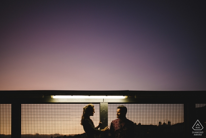 Porto Engagement Photo Session - Portrait contains: purple, sky, sunset, street, light