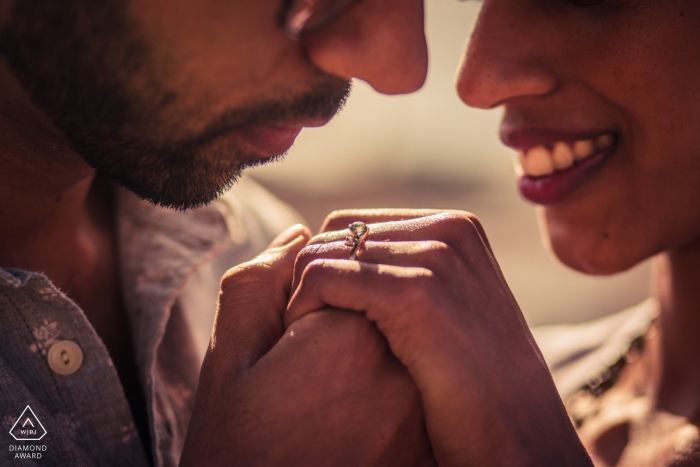 Lisbon Engagement Couple Portrait - Image contains: ring, detail, tight, faces