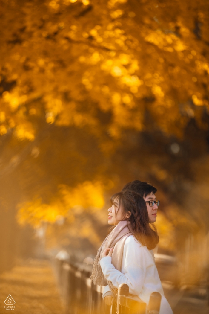 China Prewedding Session Photography - Portrait contains: vertical, orange, fall, foliage, trees, couple