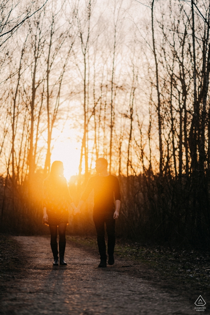 Kirchhellen, Germany Engagement Photography - Image contains: session, forest, trail sunset, vertical