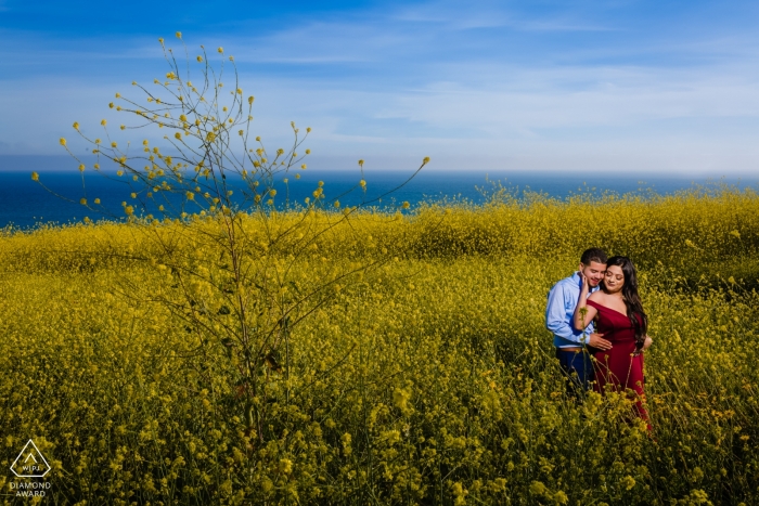 Malibu, Kalifornien Verlobungsfoto eines Paares im Feld der gelben Blumen Verlobungsfotos Malibu, Kalifornien - Paare auf dem Gebiet von gelben Blumen