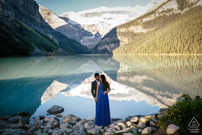 Lake Louise, Banff National Park, AB, Canada - Couple engagement portrait - love by the lake