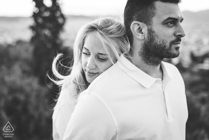 Acropolis, Athens pre-wedding portrait of a couple hugging black and white photo