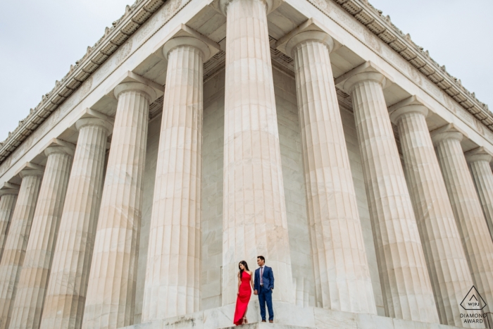 Morning engagement shoot with a Woman in Red Dress Washington DC - Lincoln Memorial - Morning engagement shoot at the Lincoln Memorial - Woman in Red Dress