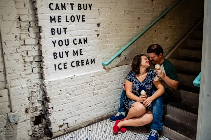 Photo by: <a href="https://www.wpja.com/photos/diamond-award-top-wedding-engagement-photographer/2573076">Kathleen Ricker - Linthicum Heights Maryland Jenni's Ice Cream Washington DC - For the Love of Ice Cream - Engagement portrait with couple - Can't buy me love but you can buy me ice cream