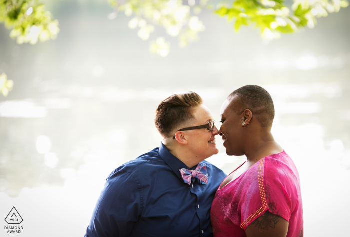 Couple touching noses during engagement shoot Pine Lake, GA Couple touching noses during engagement shoot