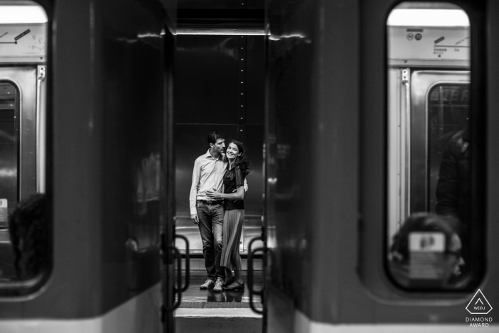 COUPLE PORTRAITS for Two lovers waiting for the metro train PARIS FRANCE COUPLE PORTRAITS - Two lovers waiting the metro