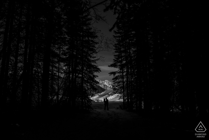 Silhouette Couple Portrait for black and white Engagement Photos Nakiska Ski, Alberta Silhouette Couple Portrait - Engagement Photos