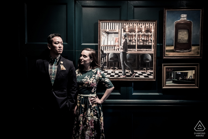 Photo by: <a href="https://www.wpja.com/photos/diamond-award-top-wedding-engagement-photographer/2577136">Stephanie Secrest - Arroyo Grande California San Francisco, CA Moody indoor portrait near a wall. | Engagement Photography