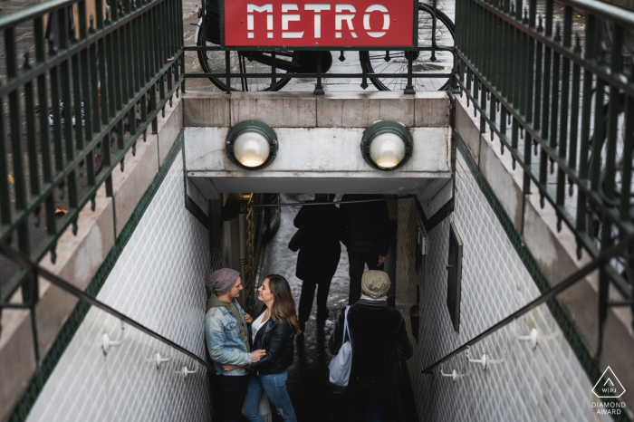Photo by: <a href="https://www.wpja.com/photos/diamond-award-top-wedding-engagement-photographer/2577913">Franck Petit - Serignac sur Garonne Paris, France Metro Station Engagement Portrait of a Couple on the Stairs