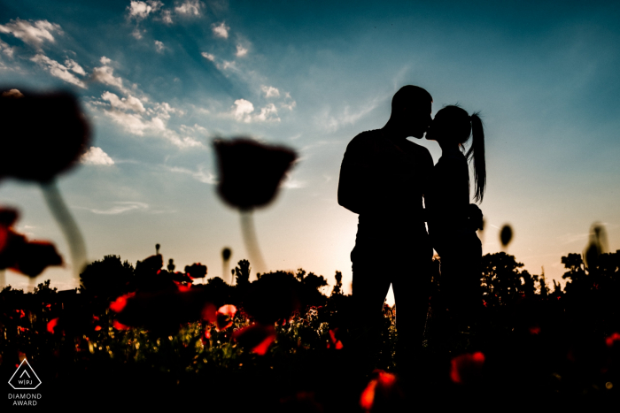 Vorhochzeitsporträts auf den Blumengebieten von Sofia-Bulgarien