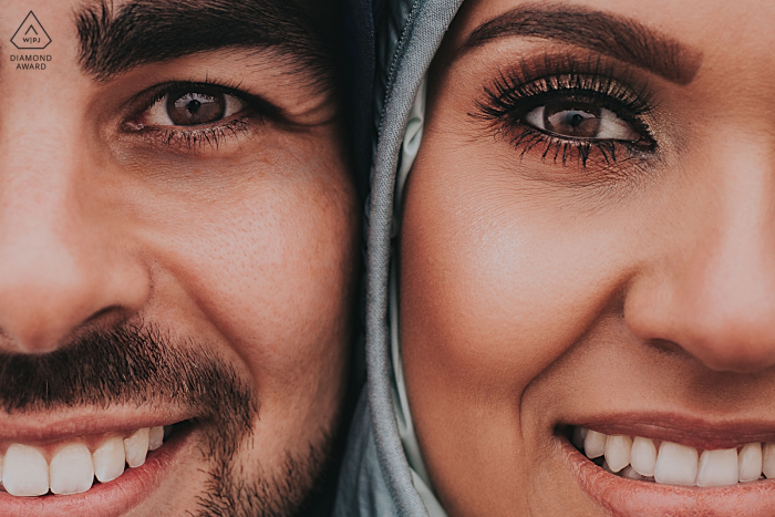 Photo by: <a href="https://www.wpja.com/photos/diamond-award-top-wedding-engagement-photographer/2578408">Victor Ataide - Pedro Leopoldo Minas Gerais Belo Horizonte, Brazil Engagment Portrait | The image depicts two halves of each face, the bride and groom together. (sorry about the badge placement)