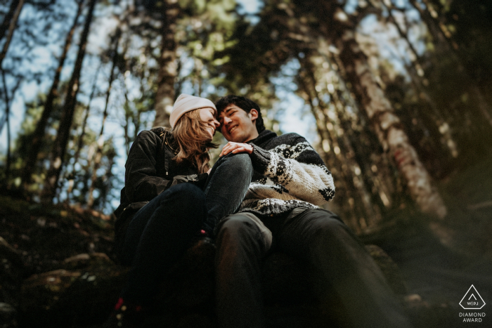 Uma sessão de fotos de noivado para um casal nas árvores altas do Pyrénée France.