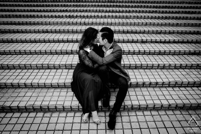 Engagement Portrait Session in Hong Kong - Photos on the brick steps with a couple in love