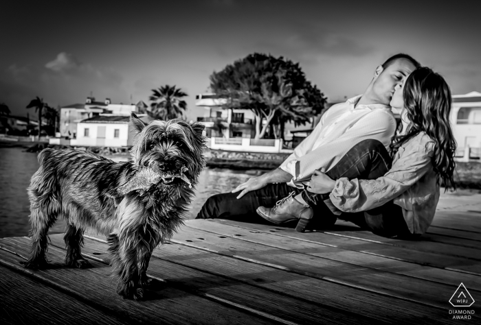 Portraits de couple AGUILAS MURCIA | Un petit chien amusant au milieu de la session de pré-mariage